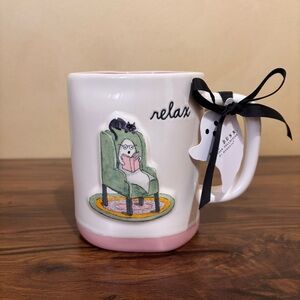 Rae Dunn Relax Mug - Halloween 2025 Ghost & Black Cat Reading Design